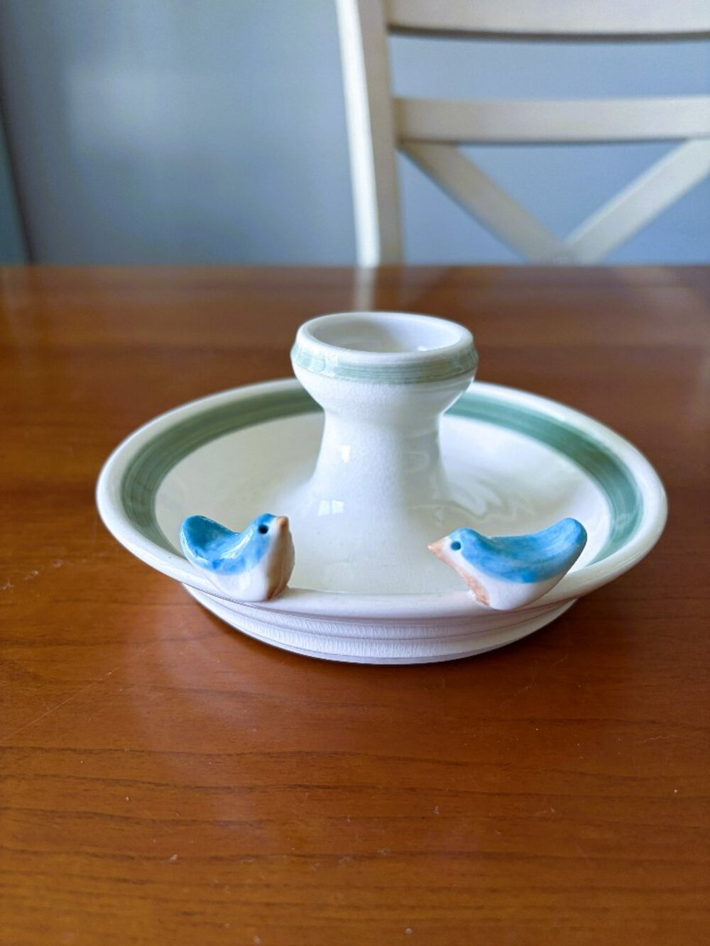 Vintage Studio Pottery Candle Holder "Bird Bath" Design w/ two little blue birds